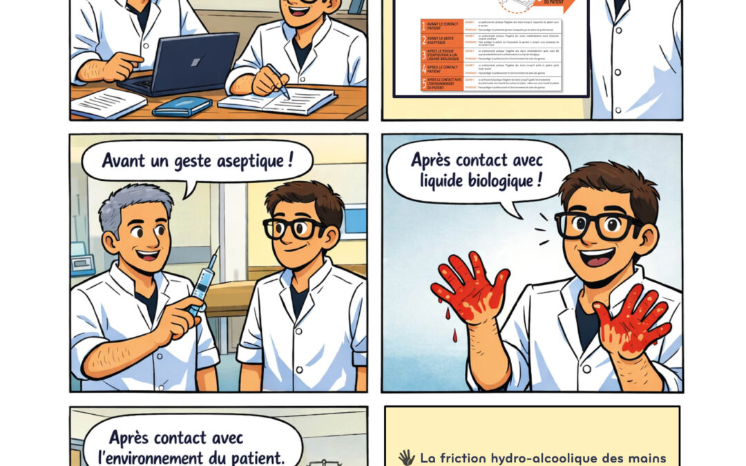 Connaissez-vous les 5 indications à l&rsquo;hygiène des mains ? Réponse en BD avec l&rsquo;équipe opérationnelle d&rsquo;hygiène…